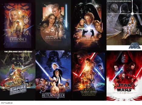 チケット購入者にプレゼントされる「スター・ウォーズ」シリーズ8作品のポスター。