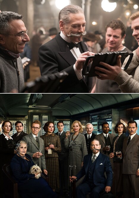 「オリエント急行殺人事件」よりメイキングカット（上）とビジュアル（下）。