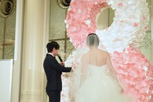 “ハチハナツリー”に書かれたメッセージを読む佐藤健（左）。