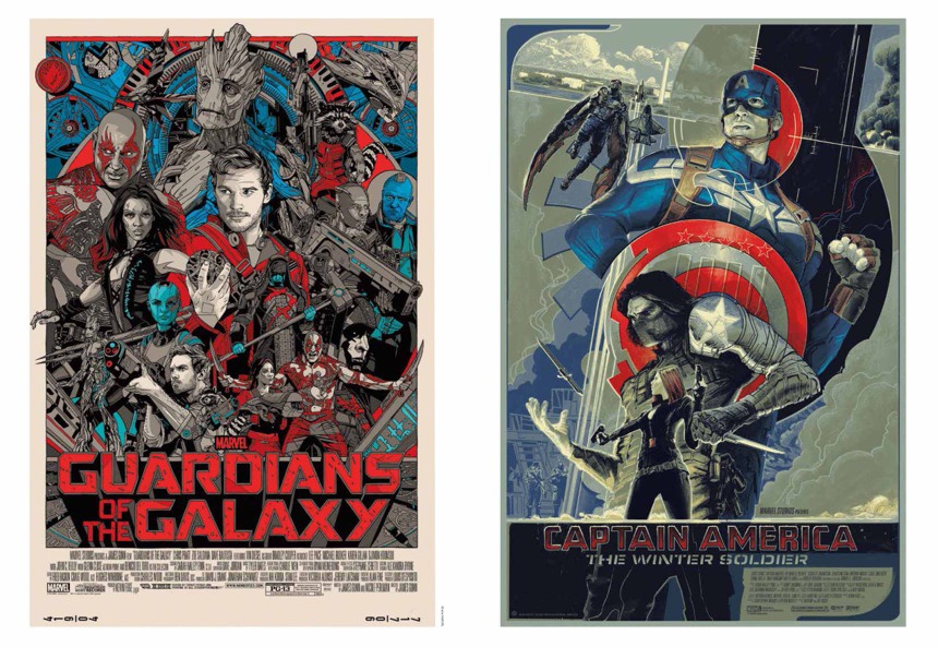 「MONDO 映画ポスターアート集」中面より、「ガーディアンズ・オブ・ギャラクシー」（左）、「キャプテン・アメリカ／ウィンター・ソルジャー」（右）。