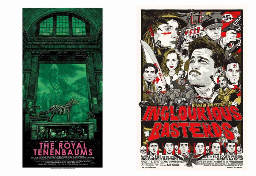 「MONDO 映画ポスターアート集」中面より、「ザ・ロイヤル・テネンバウムズ」（左）、「イングロリアス・バスターズ」（右）。