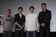 「デメキン」大ヒット御礼舞台挨拶の様子。左から足立紳、山田裕貴、健太郎、山口義高。