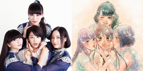 広瀬すずとPerfume（左）、4人を描いた末次由紀によるイラスト（右）。