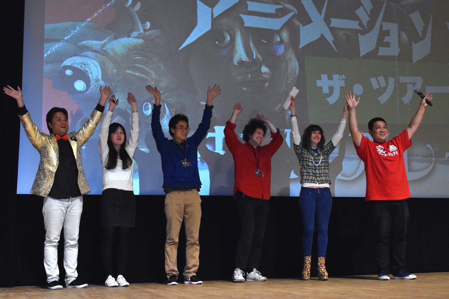 「変態アニメーションナイト ザ・ツアー：セレブレート」の様子。左から水江未来、冠木佐和子、ホン・ハクスン、ピーター・ミラード、エイミー・ロックハート、土居伸彰。