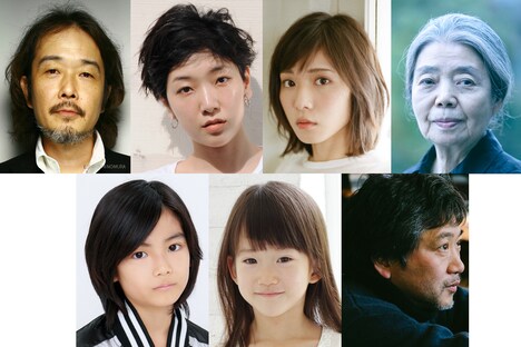 上段左からリリー・フランキー、安藤サクラ、松岡茉優、樹木希林。下段左から城桧吏、佐々木みゆ、是枝裕和。