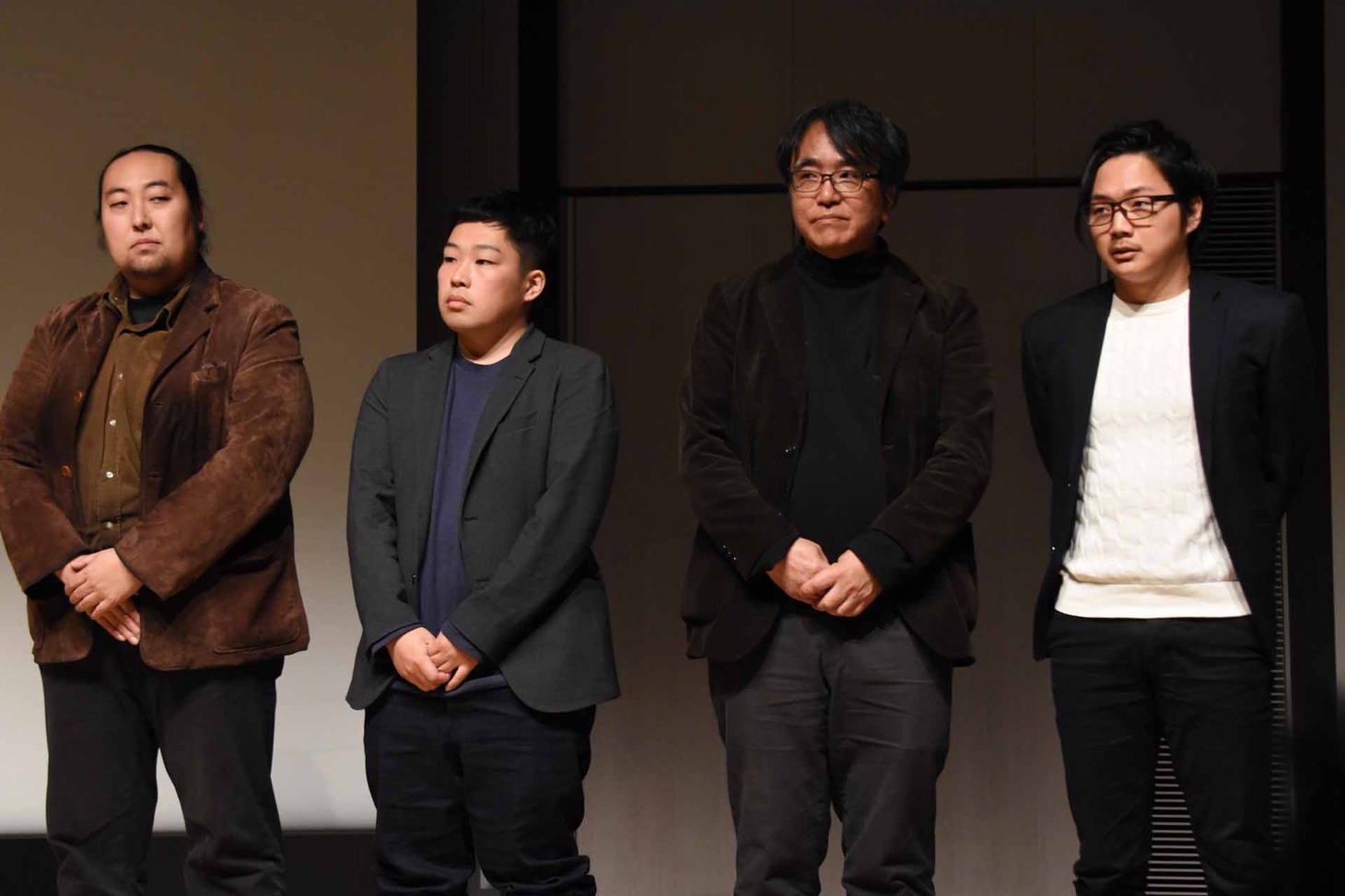 「映画企画クラファン大会」のプレゼンテーション参加者たち。左からながせきいさむ、小林望、増井公二、サトシ・フルハシ。