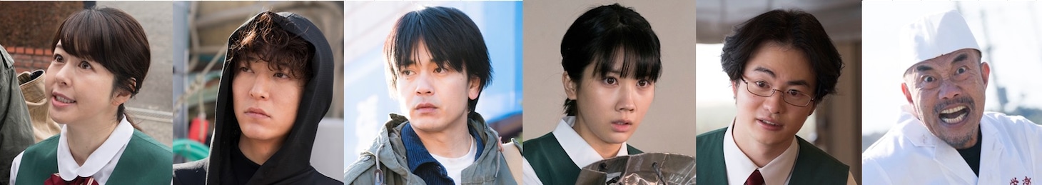 「食い逃げキラー」キャスト陣。左から堀内敬子、浅香航大、青柳翔、松本穂香、森永悠希、竹中直人。