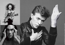 鋤田正義が撮影した写真。左上から時計回りにマーク・ボラン、デヴィッド・ボウイ、イギー・ポップ。