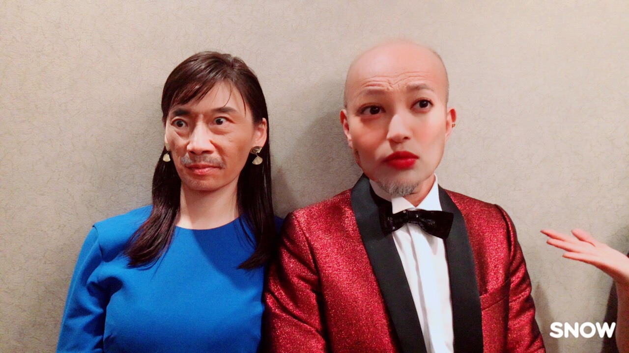 「レオン」キャストの入れ替わり画像。左から大政絢（顔は竹中直人）、竹中直人（顔は大政絢）。