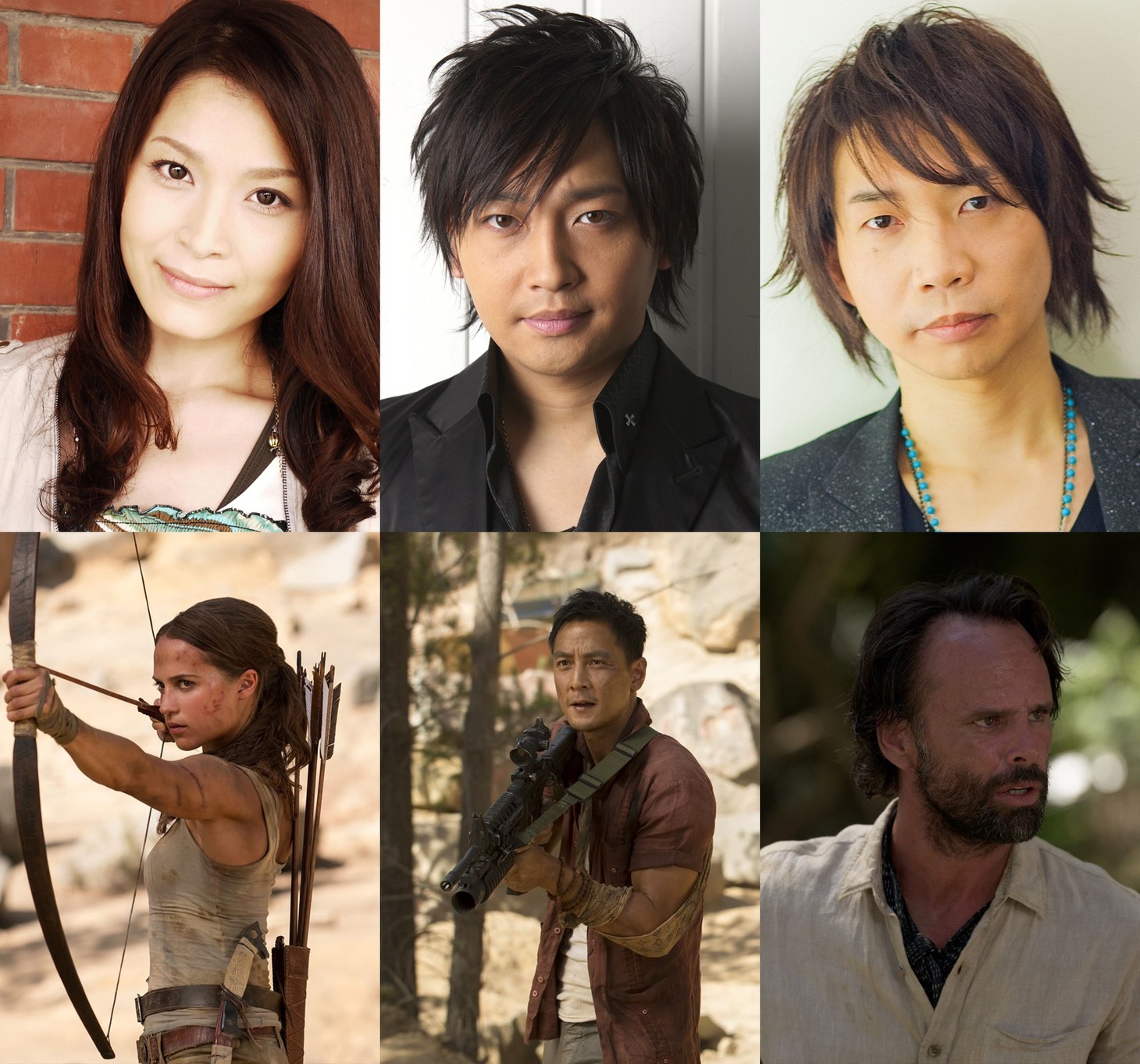 上段左から甲斐田裕子、中村悠一、諏訪部順一。下段左からララ・クロフト、ルー・レン、マサイアス・ヴォーゲル。