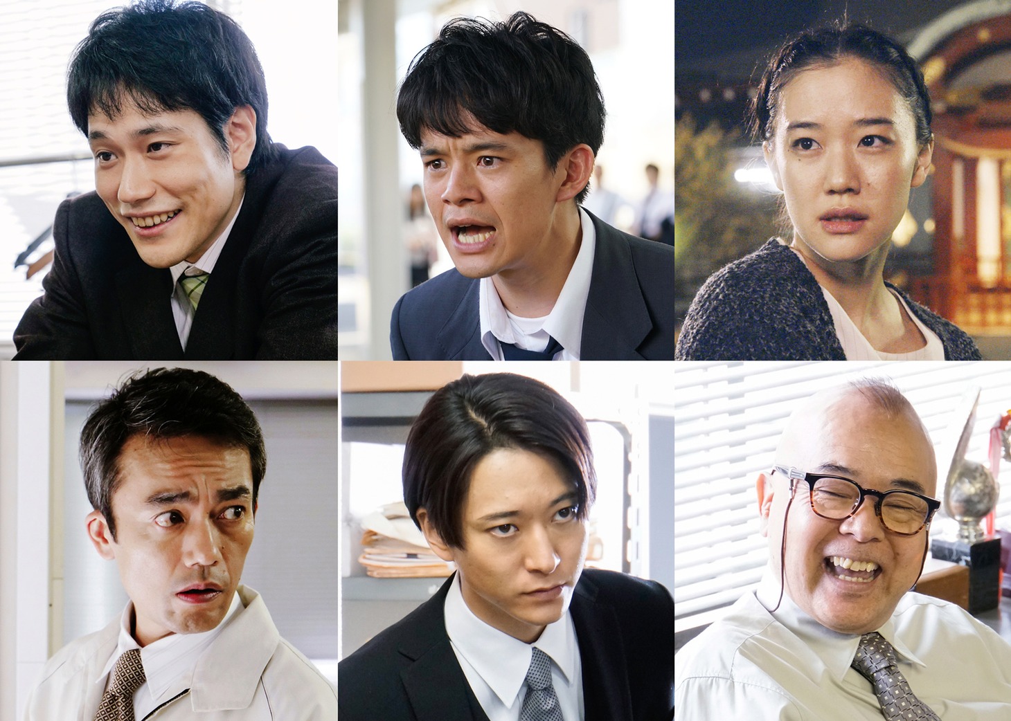 「宮本から君へ」キャスト。左上から時計回りに松山ケンイチ演じる神保和夫、池松壮亮演じる宮本浩、蒼井優演じる中野靖子、酒井敏也演じる島貫康治、浅香航大演じる益戸景、高橋和也演じる安達辰也。