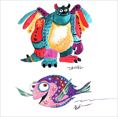 「リメンバー・ミー」のアレブリヘ風に描かれたサリー(上)とドリー(下)。