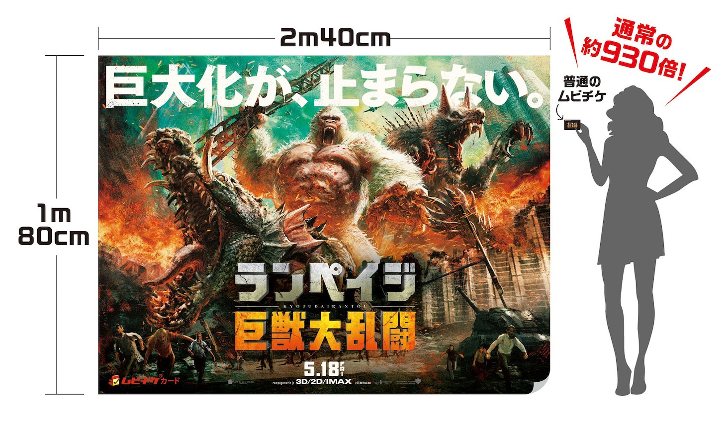 「ランペイジ 巨獣大乱闘」の「巨大化が止まらないムビチケ」。