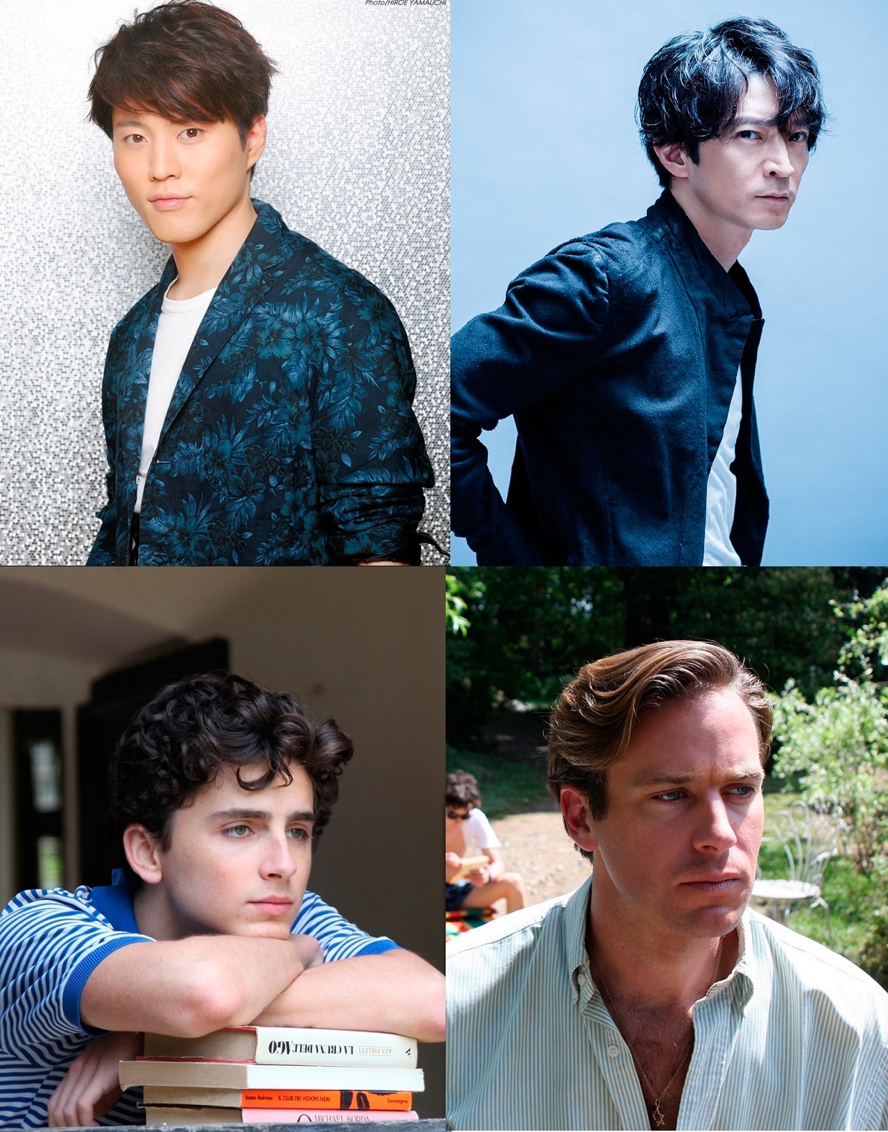 上段左から入野自由、津田健次郎。下段左からティモシー・シャラメ演じるエリオ、アーミー・ハマー扮するオリヴァー。