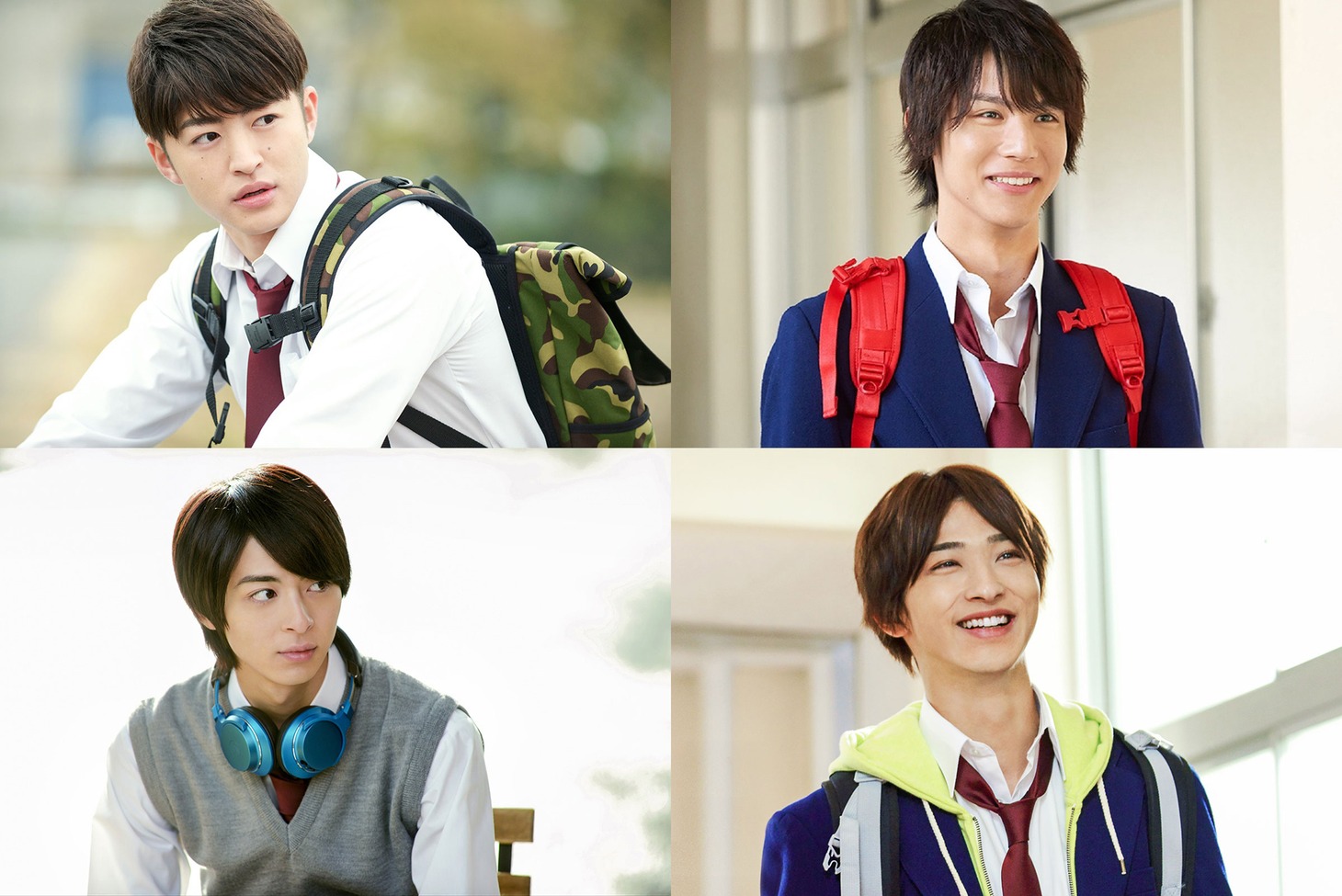 上段左から佐野玲於演じるなっちゃん、中川大志演じるまっつん。下段左から高杉真宙演じるつよぽん、横浜流星演じる恵ちゃん。