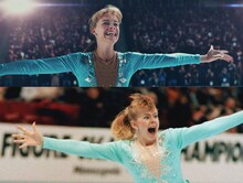 上段は「アイ,トーニャ 史上最⼤のスキャンダル」よりマーゴット・ロビー、下段はトーニャ・ハーディング。