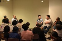 「『超』攻略！『オーバー・ザ・シネマ』～Pump Up Your Brain Muscles !!～」の様子。左から三浦哲哉、石岡良治、入江哲朗、土居伸彰、平倉圭。