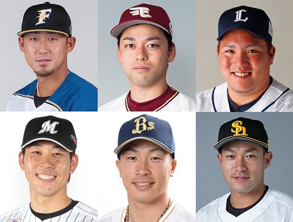 上段左から時計回りに中田翔、高梨雄平、山川穂高、柳田悠岐、安達了一、鈴木大地。