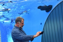 ペンギンとともに自撮りをするリュック・ジャケ。