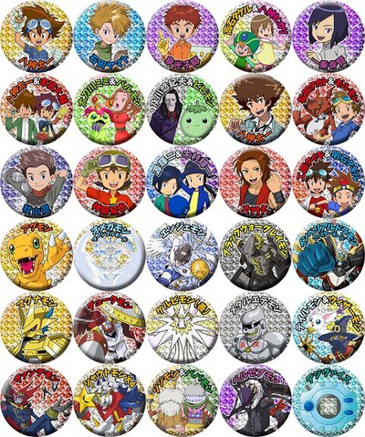 「デジモンシリーズ 超進化キラ缶バッジ」（各500円）