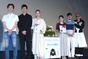 「ペンギン・ハイウェイ」初日舞台挨拶の様子。左から森見登美彦、西島秀俊、蒼井優、北香那、石田祐康、竹中直人。