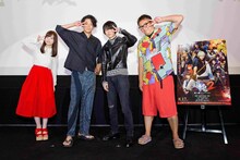 京都舞台挨拶の様子。左から橋本環奈、小栗旬、菅田将暉、福田雄一。