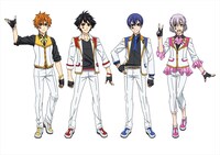 「KING OF PRISM -Shiny Seven Stars-」より、Theシャッフルの設定画。左から鶯谷モンド、五反田ココロ、神田ミツバ、御徒町ツルギ。