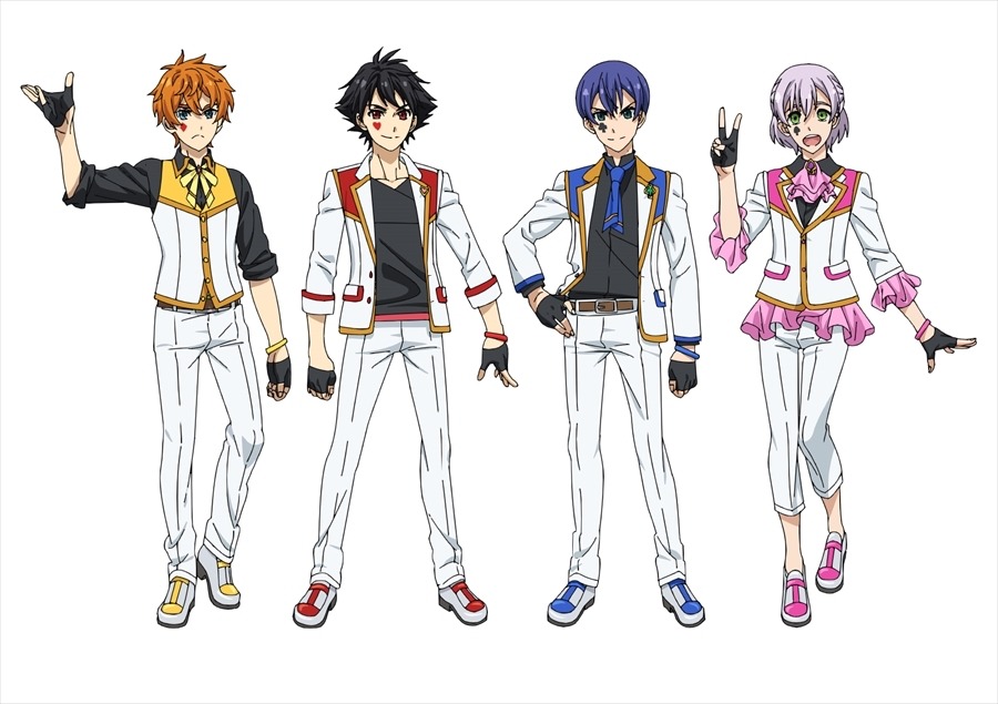 「KING OF PRISM -Shiny Seven Stars-」より、Theシャッフルの設定画。左から鶯谷モンド、五反田ココロ、神田ミツバ、御徒町ツルギ。