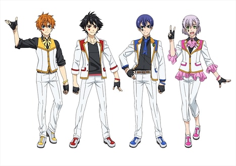 「KING OF PRISM -Shiny Seven Stars-」より、Theシャッフルの設定画。左から鶯谷モンド、五反田ココロ、神田ミツバ、御徒町ツルギ。