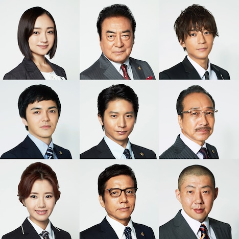 「リーガルV～元弁護士・小鳥遊翔子～」キャスト。1段目左から安達祐実、高橋英樹、三浦翔平。2段目左から林遣都、向井理、小日向文世。3段目左から内藤理沙、勝村政信、荒川良々。
