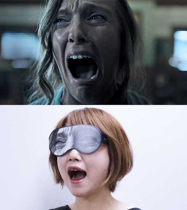 「ヘレディタリー／継承」（上段）と、ムビチケ特典の「絶叫ペーパーアイマスク」着用例（下段）。