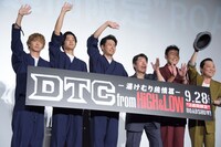 左から佐藤大樹、佐藤寛太、山下健二郎、ダチョウ倶楽部の寺門ジモン、肥後克広、上島竜兵。