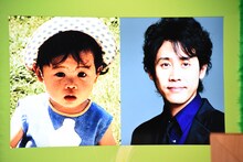 会見で披露された幼少期の大泉洋の写真（左）。