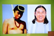 会見で披露された小学校6年生の頃の秋山竜次の写真（左）。