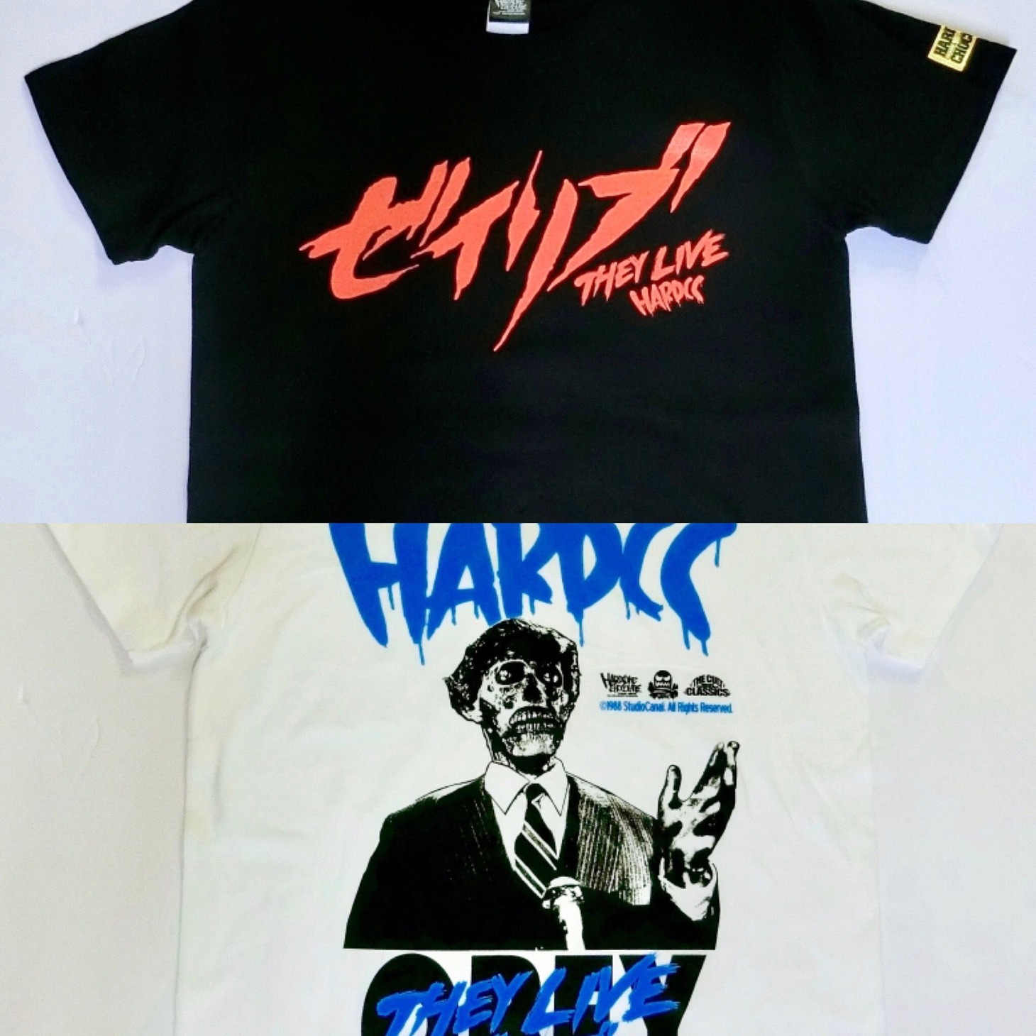 上から「ゼイリブ（THEY LIVE）CONSUMEブラック Tシャツ」、「ゼイリブ（THEY LIVE）OBEYホワイト Tシャツ」。