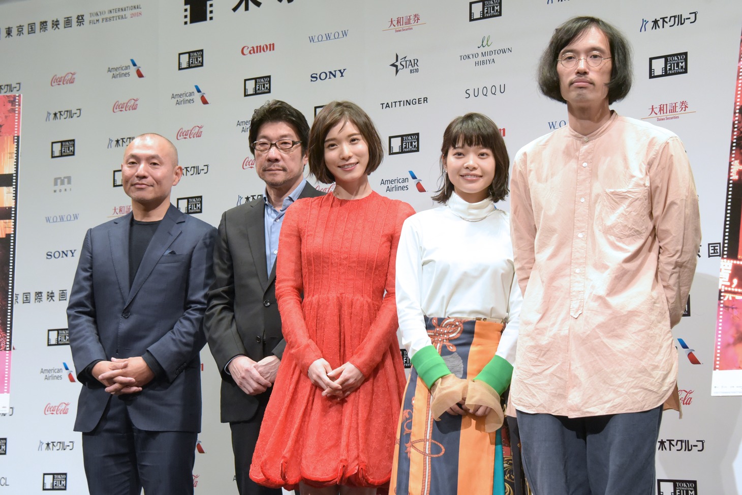 第31回東京国際映画祭ラインナップ発表会見の様子。左から湯浅政明、阪本順治、松岡茉優、岸井ゆきの、今泉力哉。