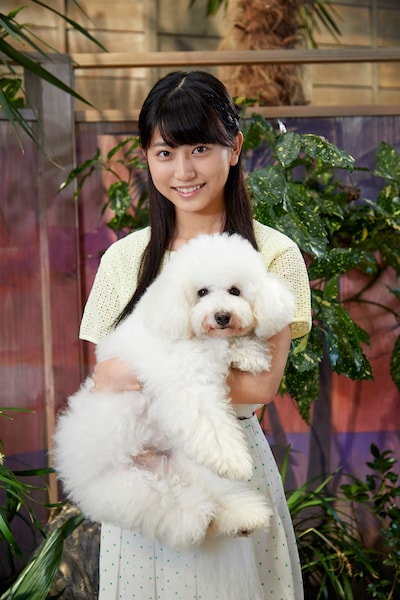 レギュラーキャストである犬のダイキチを抱く喜多乃愛。