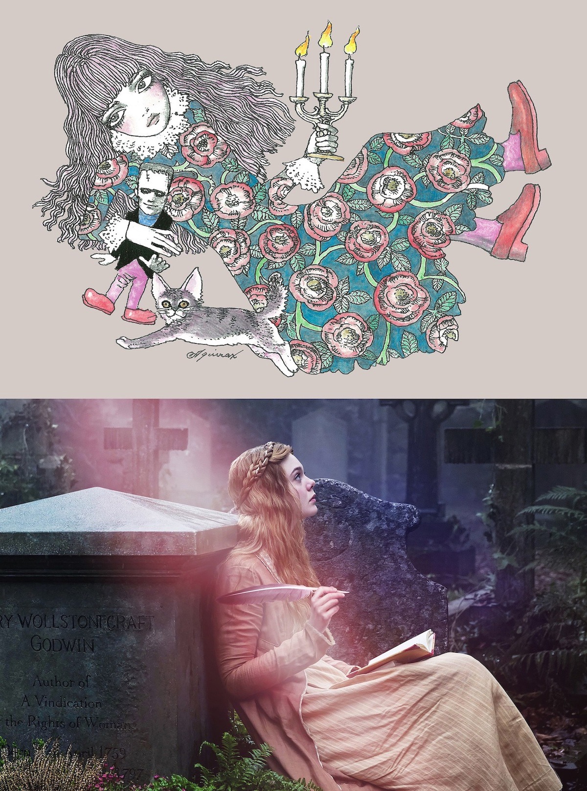 宇野亞喜良によるオリジナルイラスト（上）と、「メアリーの総て」のビジュアル。