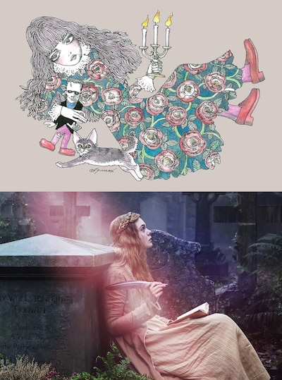 宇野亞喜良によるオリジナルイラスト（上）と、「メアリーの総て」のビジュアル。