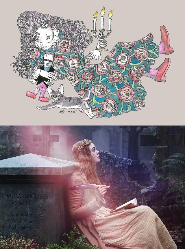 宇野亞喜良によるオリジナルイラスト（上）と、「メアリーの総て」のビジュアル。