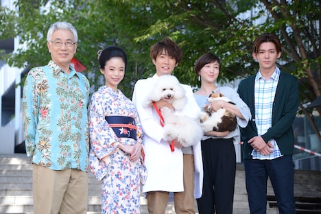 「僕とシッポと神楽坂」イベントの様子。左からイッセー尾形、趣里、相葉雅紀、広末涼子、小瀧望。