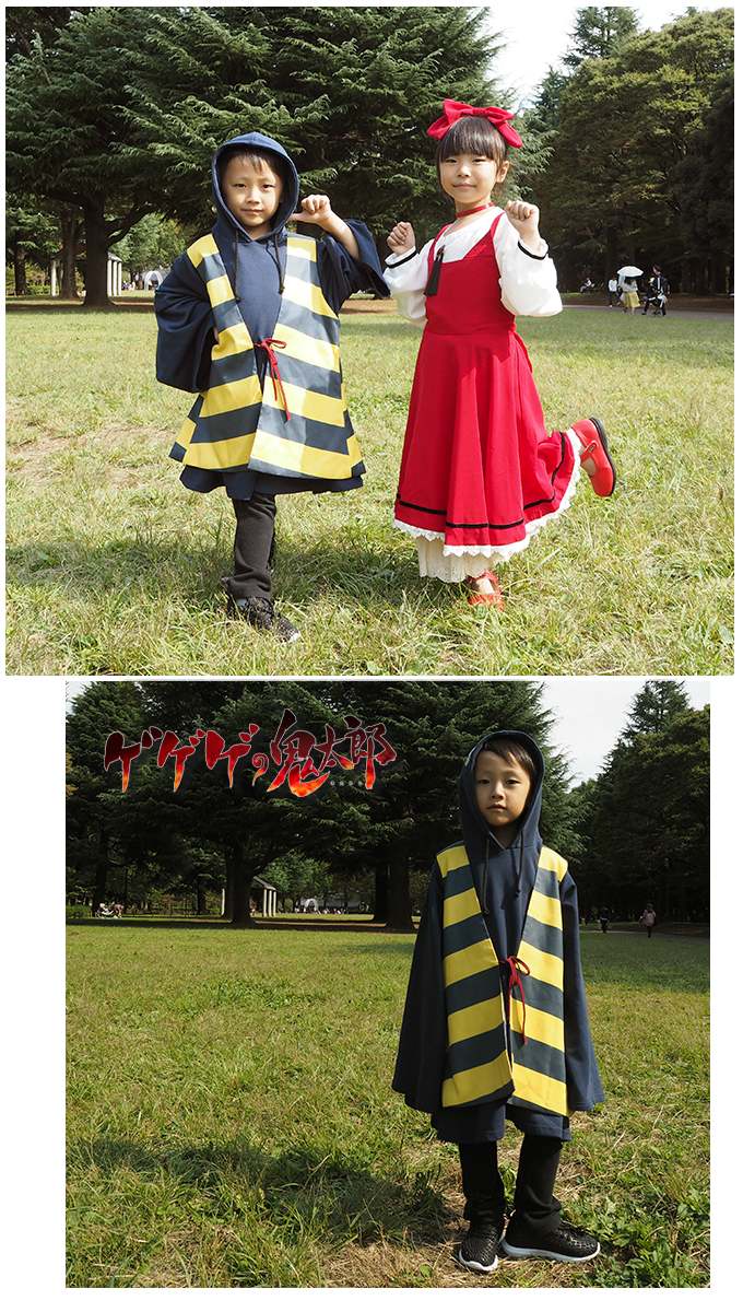 「鬼太郎のちゃんちゃんこ付きアンサンブルパーカー kids ver.」「ねこ娘のリボンヘアアクセ付きドッキングワンピース kids ver.」着用イメージ