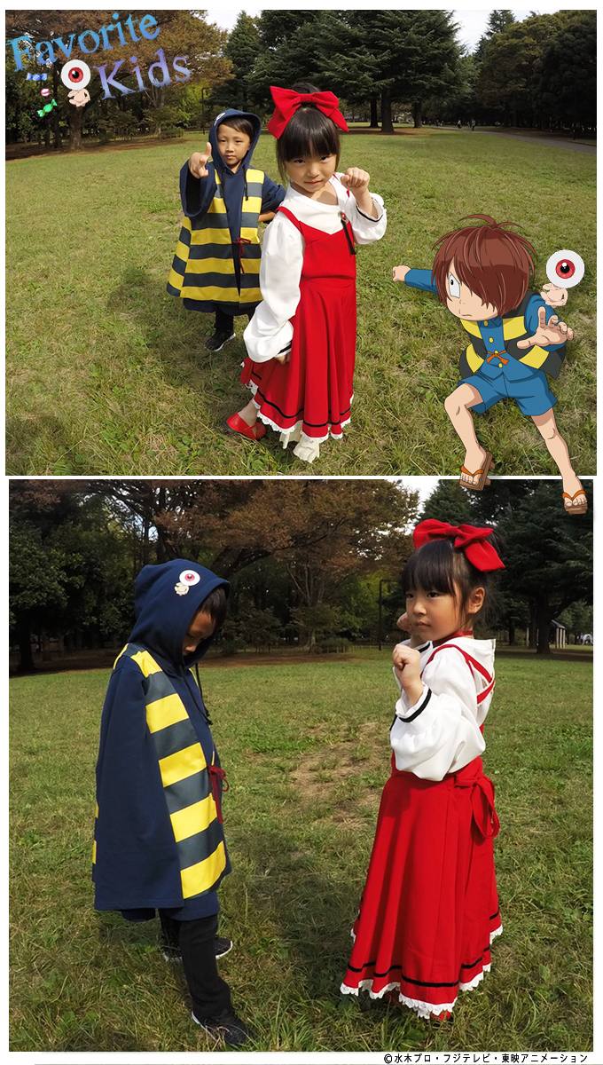 「鬼太郎のちゃんちゃんこ付きアンサンブルパーカー kids ver.」「ねこ娘のリボンヘアアクセ付きドッキングワンピース kids ver.」着用イメージ