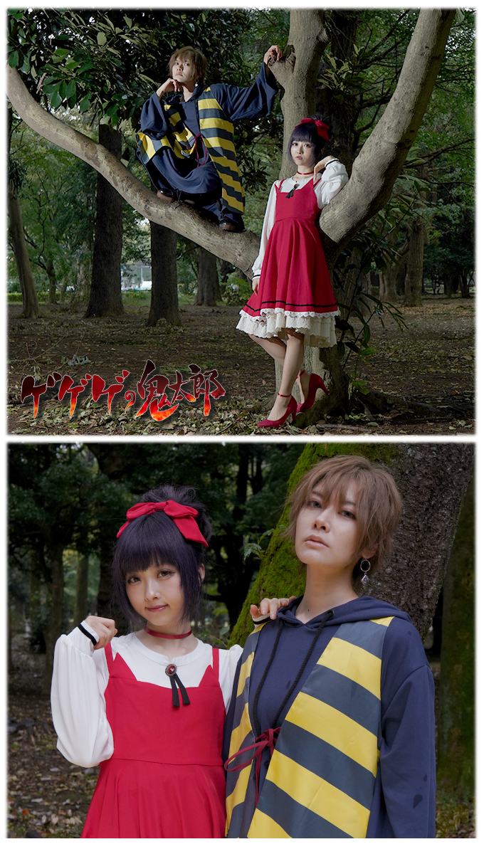 「鬼太郎のちゃんちゃんこ付きアンサンブルパーカー」「ねこ娘のリボンヘアアクセ付きドッキングワンピース」着用イメージ