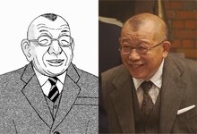 原作の鶴辺清（左）と笑福亭鶴瓶演じる大里清（右）。