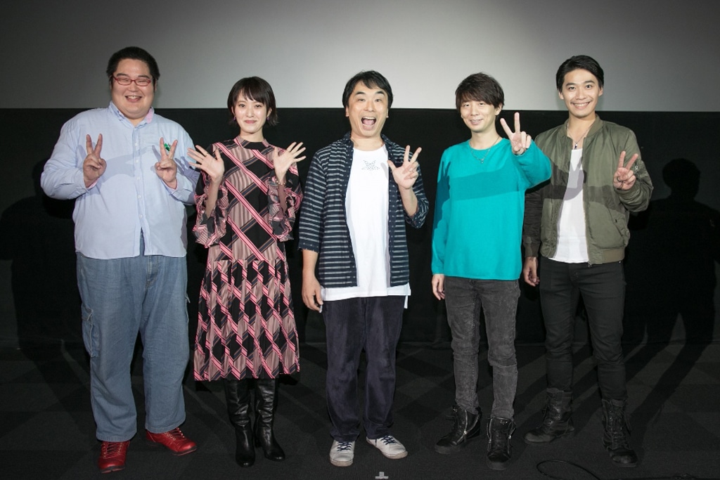 「力俥-RIKISHA-」シリーズ一挙上映イベントの様子。左からキャッチャー中澤、中丸シオン、関智一、木村良平、大高雄一郎。