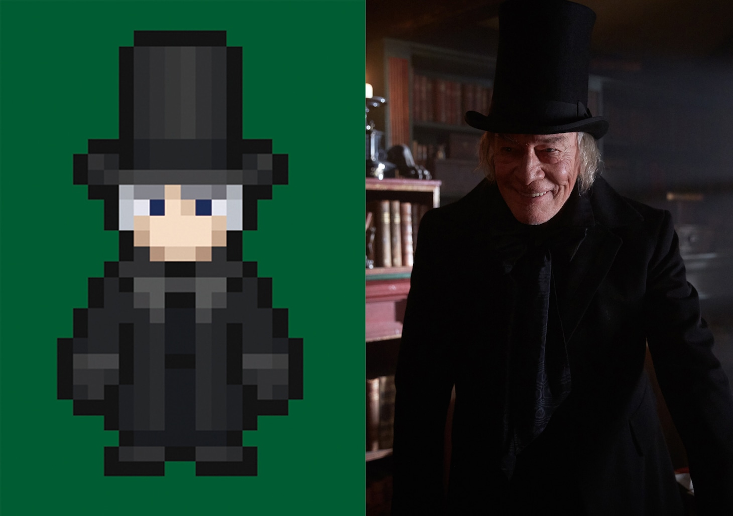 左からドット絵のスクルージ、クリストファー・プラマー演じるスクルージ。 (c)Merry Christmas/SQUARE ENIX CO., LTD. ILLUSTRATION: KAZUKO SHIBUYA