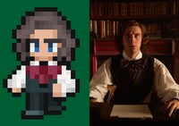 左からドット絵のディケンズ、ダン・スティーヴンス演じるディケンズ。 (c)Merry Christmas/SQUARE ENIX CO., LTD. ILLUSTRATION: KAZUKO SHIBUYA