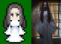 左からドット絵の過去の幽霊、アナ・マーフィ演じる過去の幽霊。 (c)Merry Christmas/SQUARE ENIX CO., LTD. ILLUSTRATION: KAZUKO SHIBUYA