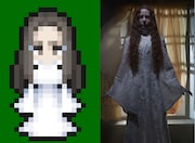 左からドット絵の過去の幽霊、アナ・マーフィ演じる過去の幽霊。 (c)Merry Christmas/SQUARE ENIX CO., LTD. ILLUSTRATION: KAZUKO SHIBUYA